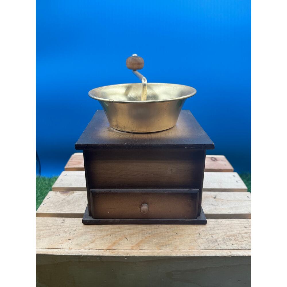 Vintage Ucapco Wooden Coffee Grinder-Mill Brass Hopper w/Manual Hand Crank-Japan